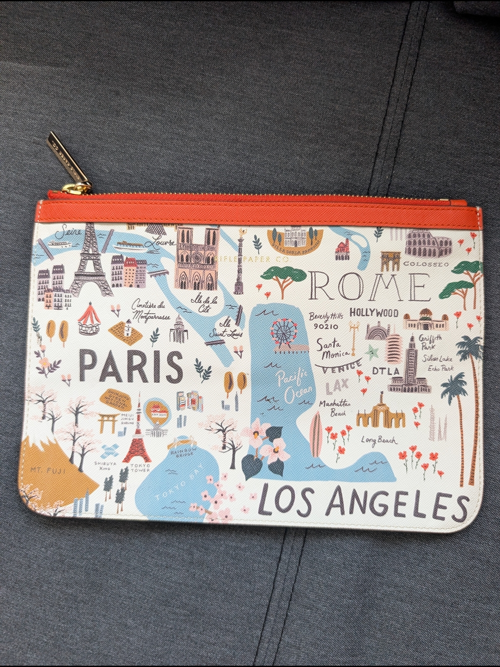 Rifle Paper Co. Bon Voyage Map Clutch in Cream, Orange, Blue